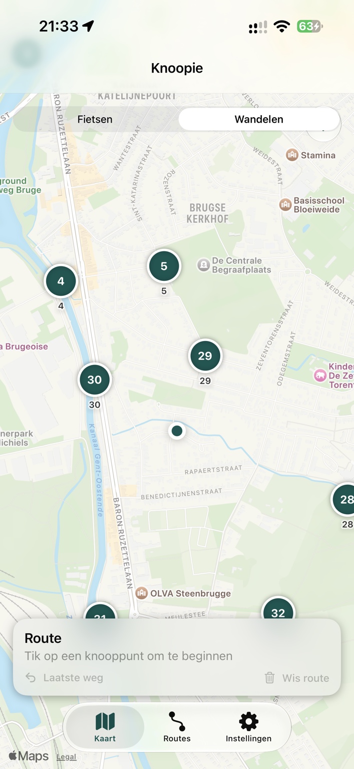 Kaart met wandelknooppunten in Knoopie